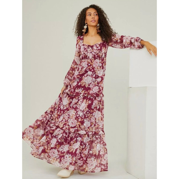 Altar'd State Dresses & Skirts - Altar'd State Sailor Tiered Maxi Dress Womens Medium Burgundy Floral Sequins